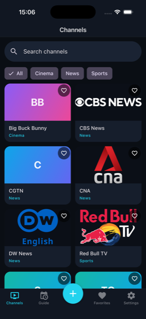 Kizo Stream channel browser showing categories and search